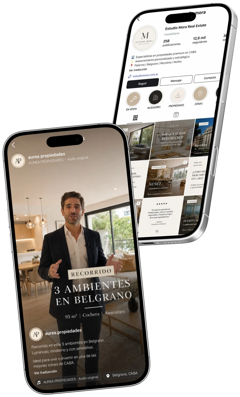 Contenido de Instagram de clientes reales de MetricFoundry en mockups de iPhone